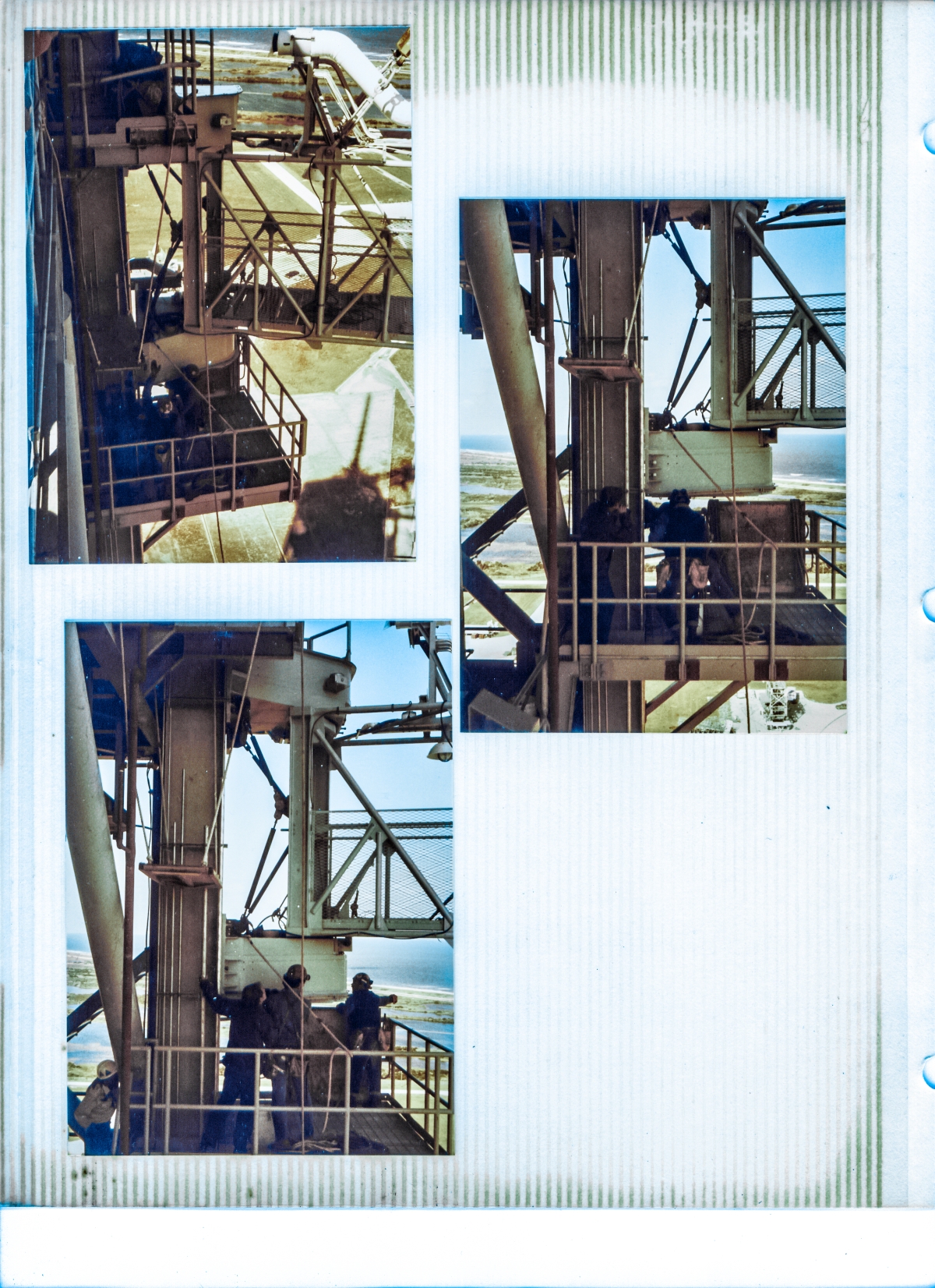 Union Ironworkers from Local 808 working for Ivey Steel at Space Shuttle Launch Complex 39-B, Kennedy Space Center, Florida, snug the Hinge Boxes of the Gox Arm squarely up against the Fixed Service Structure between Elevations 260’ and 280’ and begin the process of bolting them firmly to the tower.